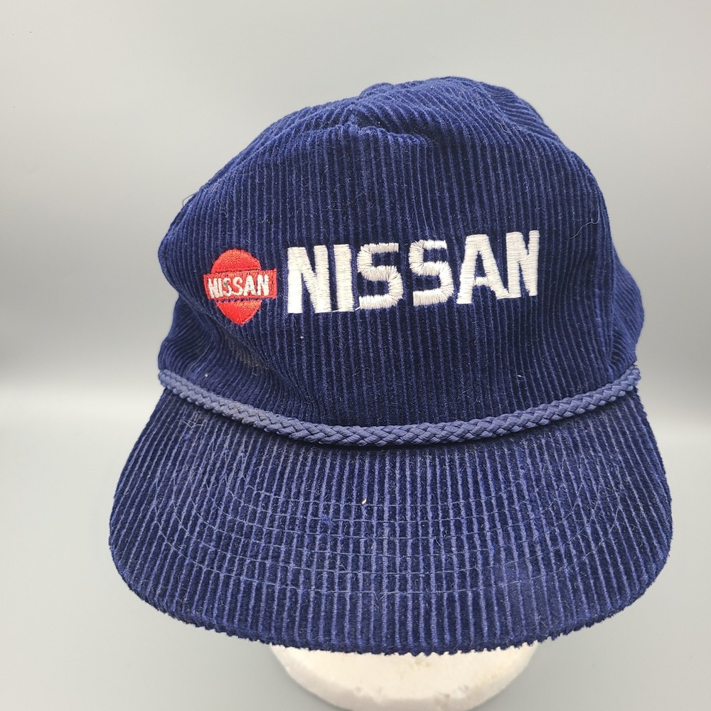 Vintage Nissan Corduroy Trucker Hat AmaPro Navy Blue Rope Zip Back Cap Mens OSFM